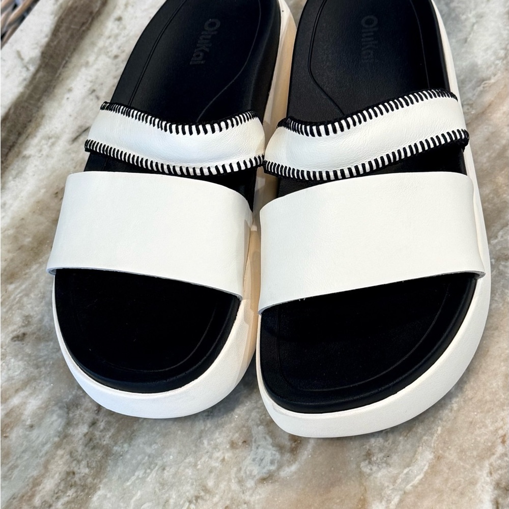 OluKai Ivory and Black Double Strap Slide Sandals - Picture 2 of 8